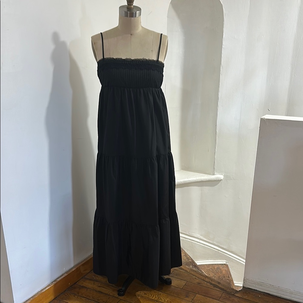 ZARA tiered long black dress with Lace details and adjustable straps.